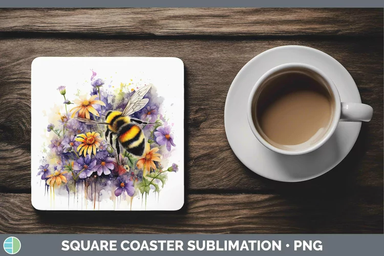 Watercolor Bee Square Coaster | Sublimation Coaster Designs