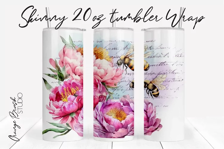 Watercolor Bee Tumbler Wrap, Floral Tumbler Sublimation