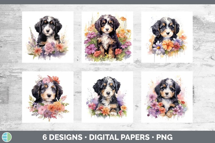 Watercolor Bernedoodle Dog Paper Backgrounds | Digital Scrap
