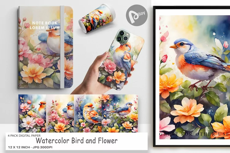 Digital Paper Bird and Flower
