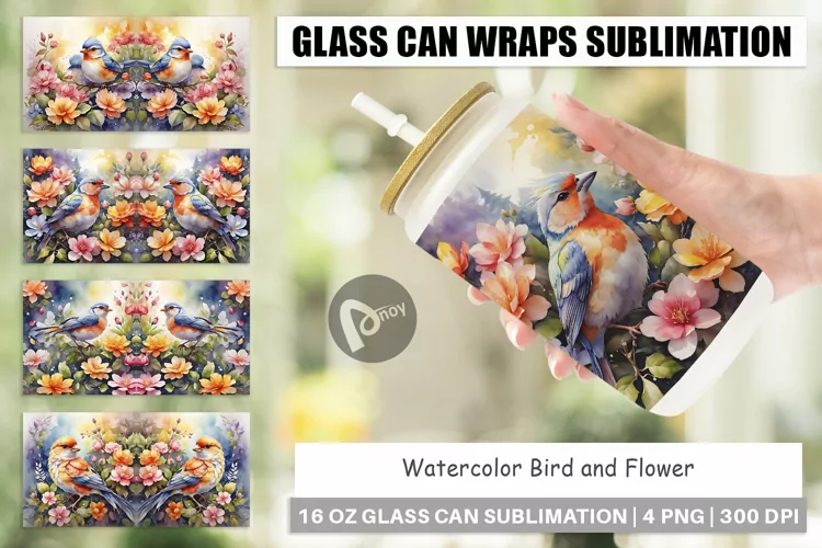 Glass Can Wraps Bird and Flower
