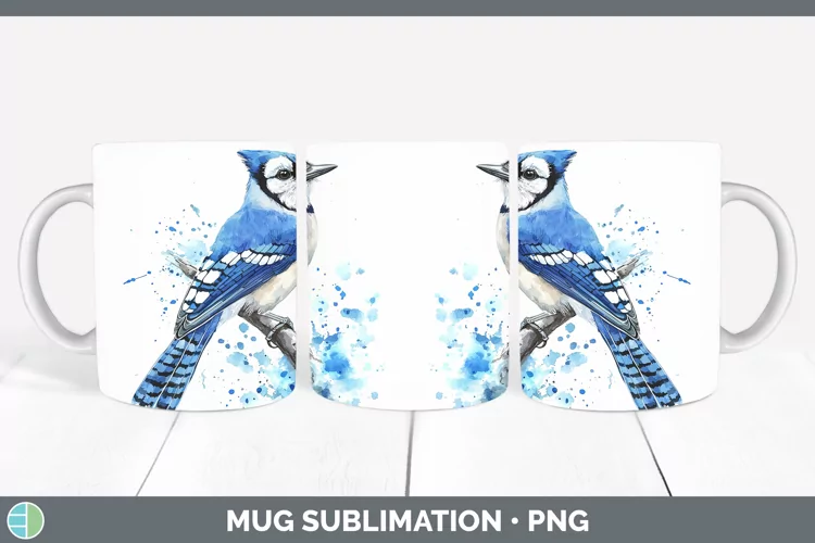 Watercolor Bird Blue Jay Mug Wrap Sublimation Coffee Cup Des