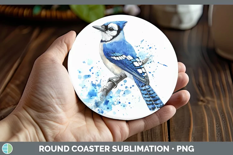 Watercolor Bird Blue Jay Round Coaster Sublimation Coaster D