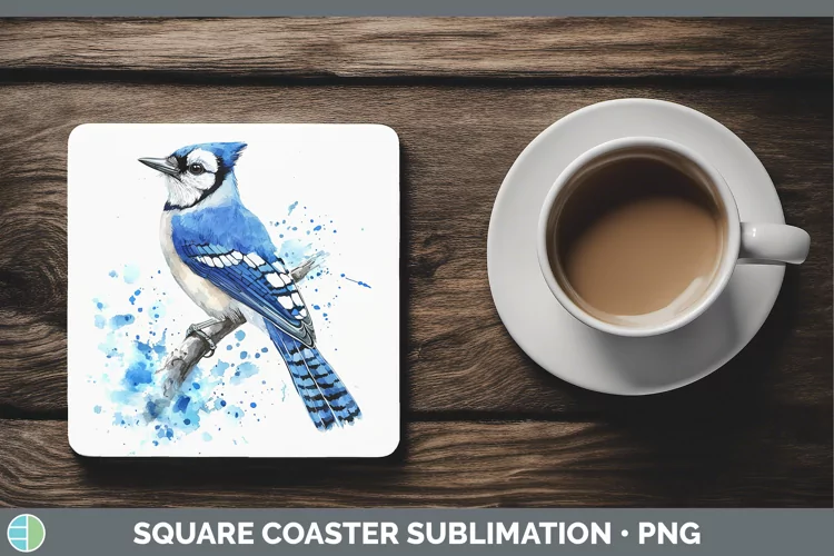 Watercolor Bird Blue Jay Square Coaster Sublimation Coaster