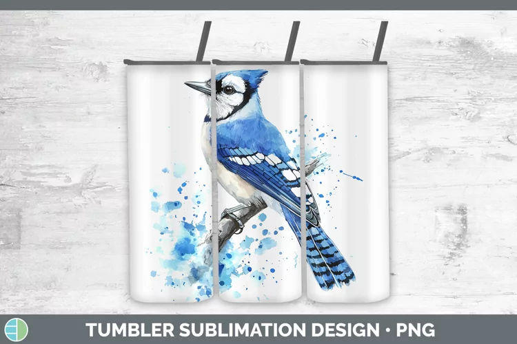 Watercolor Bird Blue Jay Tumbler Sublimation 20 oz Skinny Tu