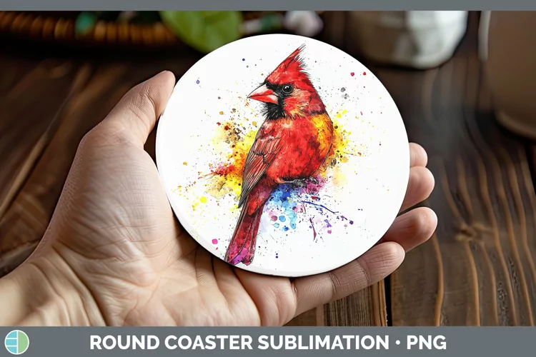 Watercolor Bird Cardinal Round Coaster Sublimation Coaster D