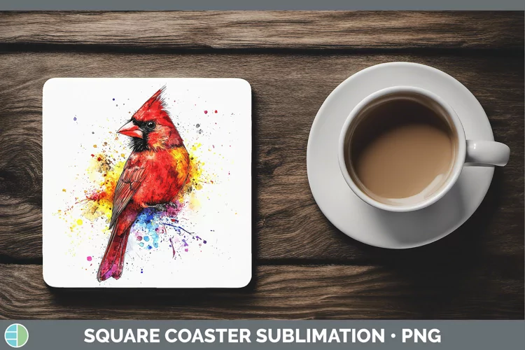 Watercolor Bird Cardinal Square Coaster Sublimation Coaster