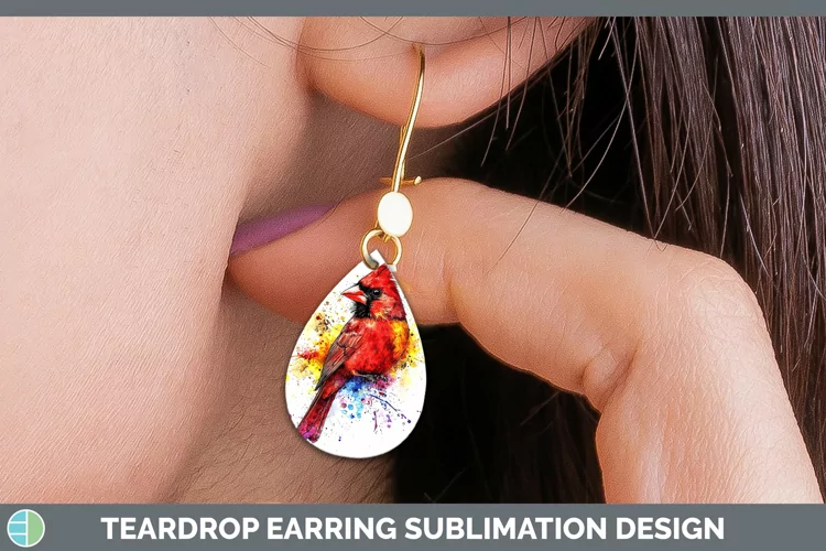 Watercolor Bird Cardinal Teardrop Earrings Sublimation Earri