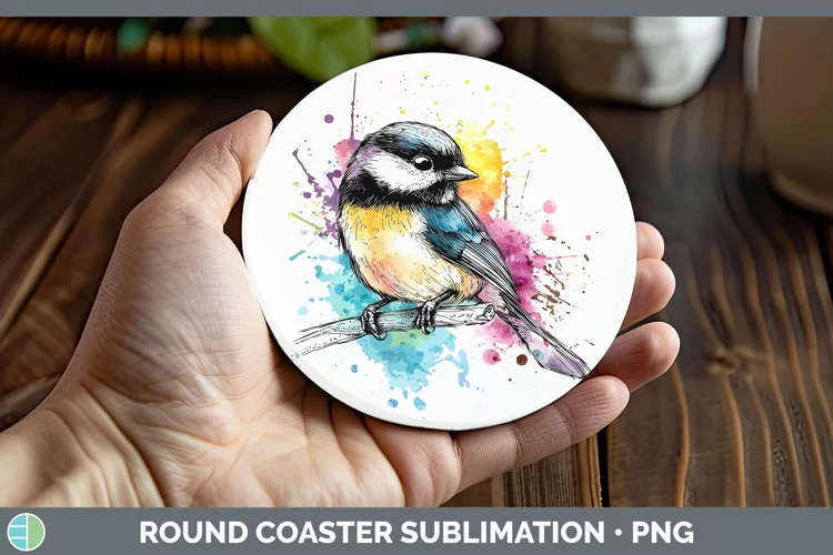 Watercolor Bird Chickadee Round Coaster Sublimation Coaster