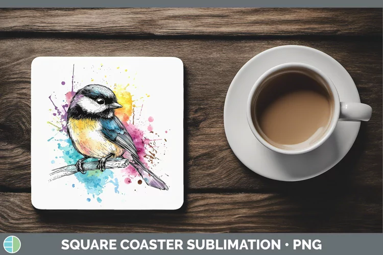 Watercolor Bird Chickadee Square Coaster Sublimation Coaster
