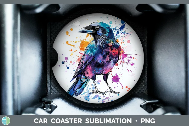 Watercolor Bird Crow Car Coaster Sublimation Designs