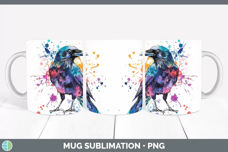 Watercolor Bird Crow Mug Wrap Sublimation Coffee Cup Designs