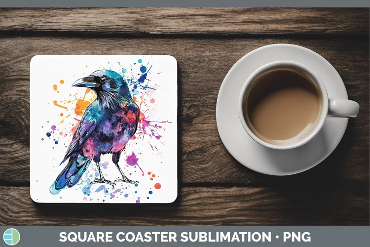 Watercolor Bird Crow Square Coaster Sublimation Coaster Desi