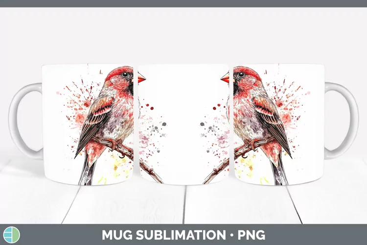 Watercolor Bird Finch Mug Wrap Sublimation Coffee Cup Design