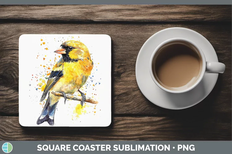 Watercolor Bird Goldfinch Square Coaster Sublimation Coaster