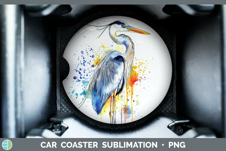 Watercolor Bird Great Blue Heron Car Coaster Sublimation De