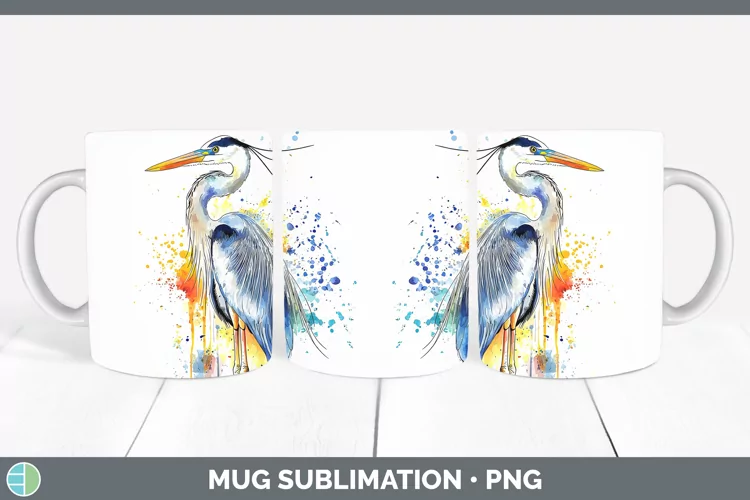 Watercolor Bird Great Blue Heron Mug Wrap Sublimation Coffee