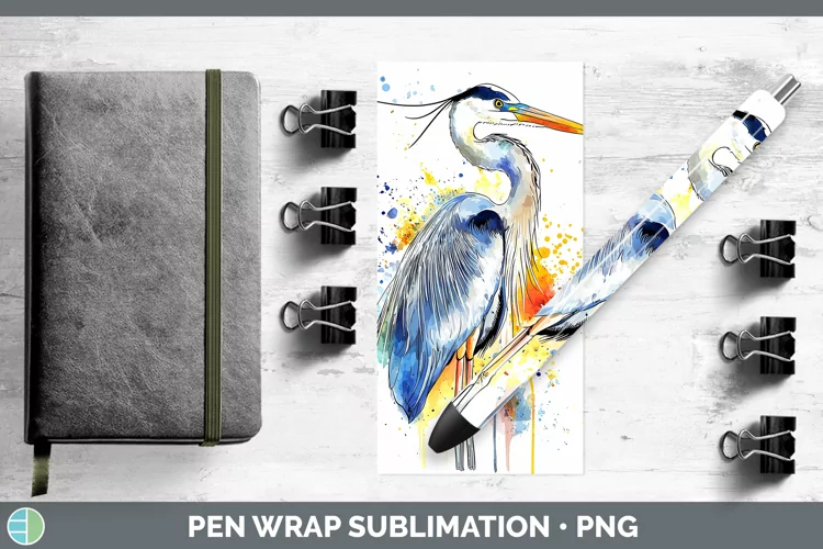 Watercolor Bird Great Blue Heron Pen Wrap Sublimation Pen De