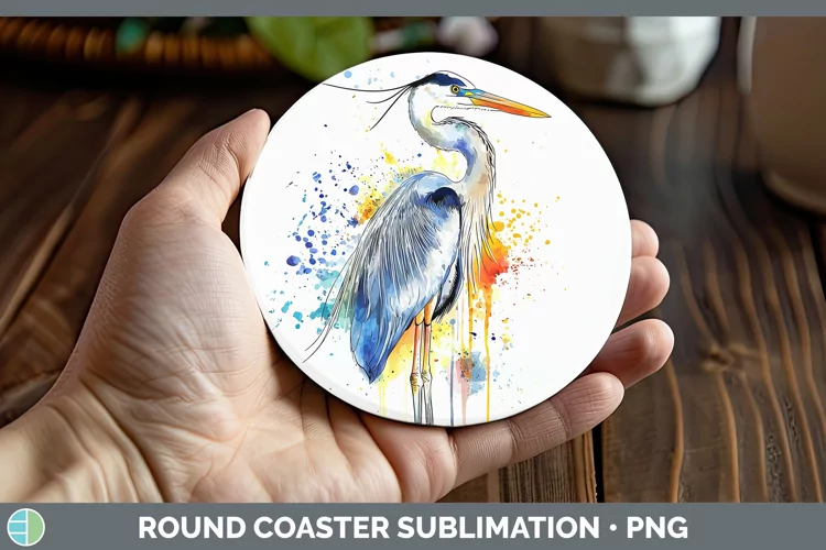 Watercolor Bird Great Blue Heron Round Coaster Sublimation C