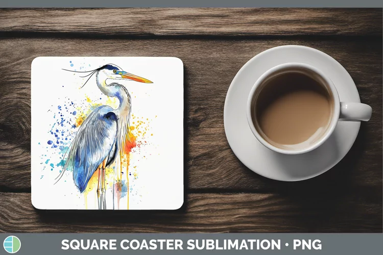 Watercolor Bird Great Blue Heron Square Coaster Sublimation