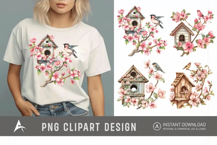 Watercolor Bird House blossoms Clipart