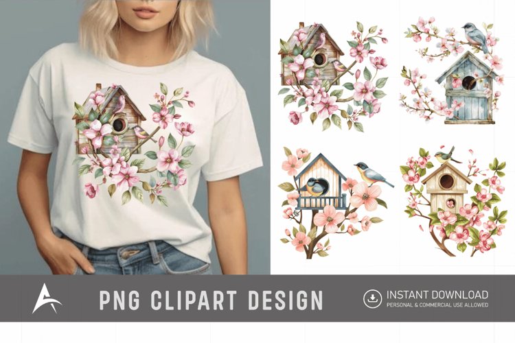 Watercolor Bird House blossoms Clipart