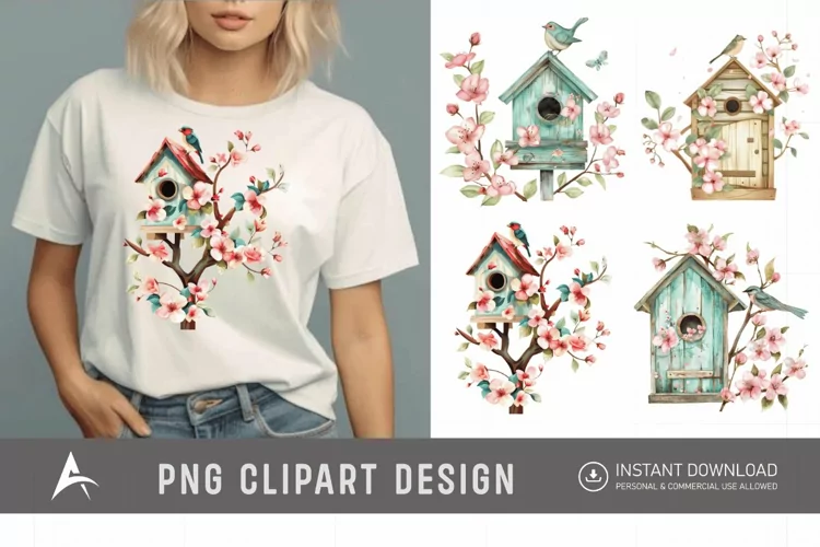 Watercolor Bird House blossoms Clipart