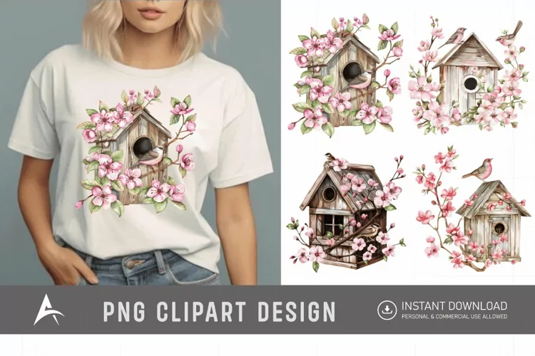 Watercolor Bird House blossoms Clipart