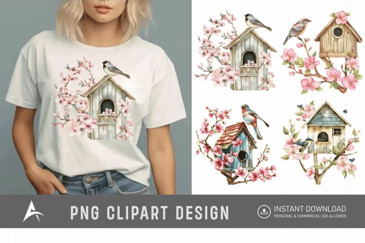 Watercolor Bird House blossoms Clipart