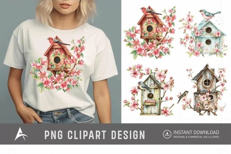Watercolor Bird House blossoms Clipart