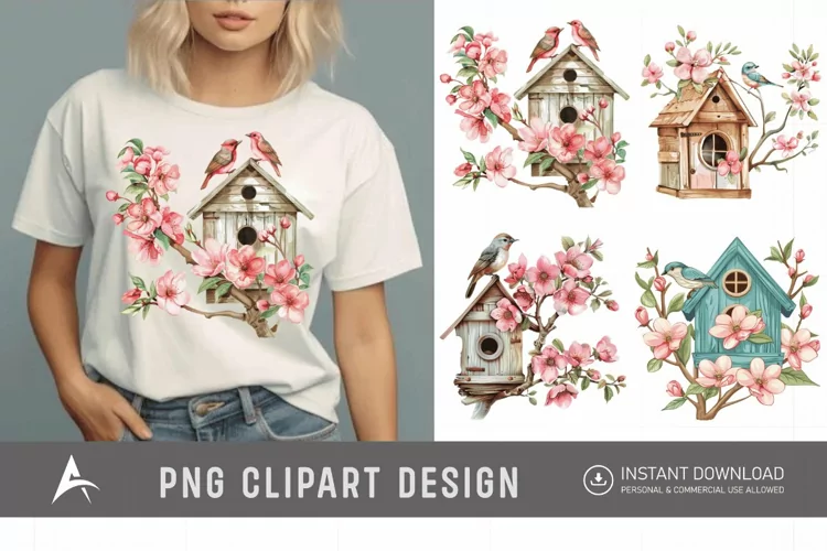 Watercolor Bird House blossoms Clipart