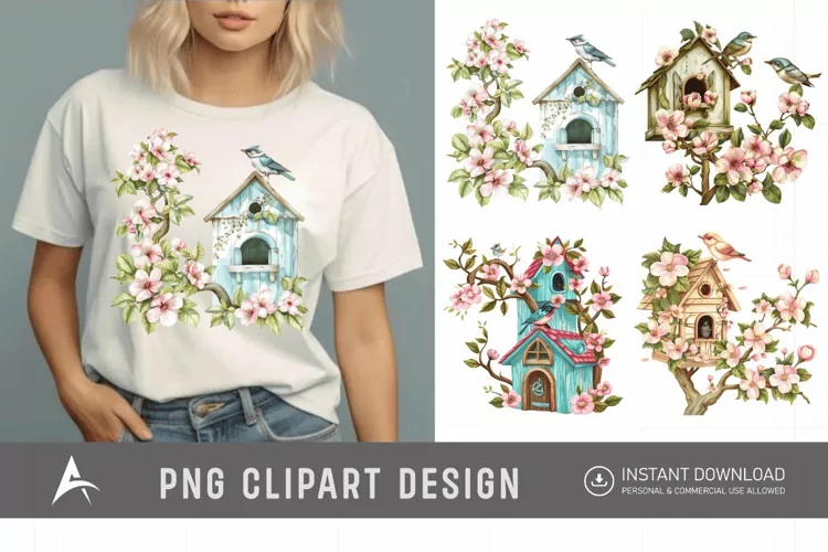 Watercolor Bird House blossoms Clipart