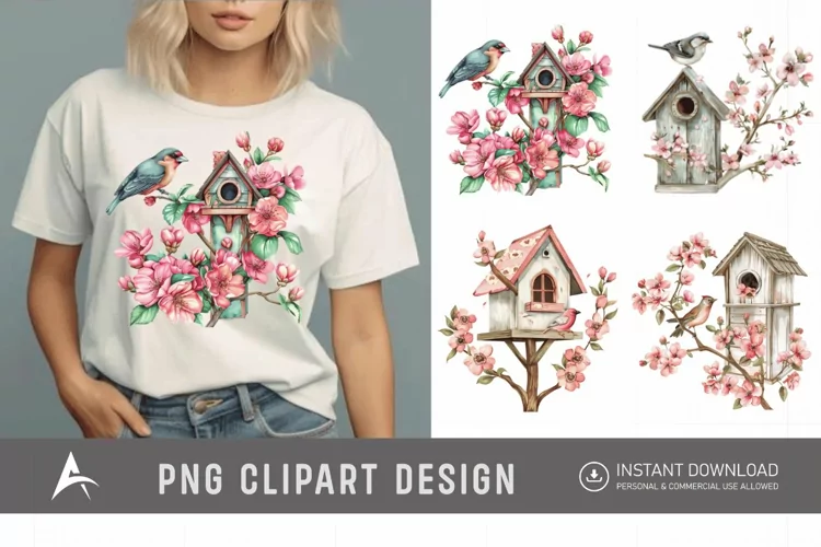 Watercolor Bird House blossoms Clipart