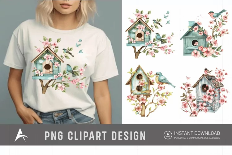 Watercolor Bird House blossoms Clipart