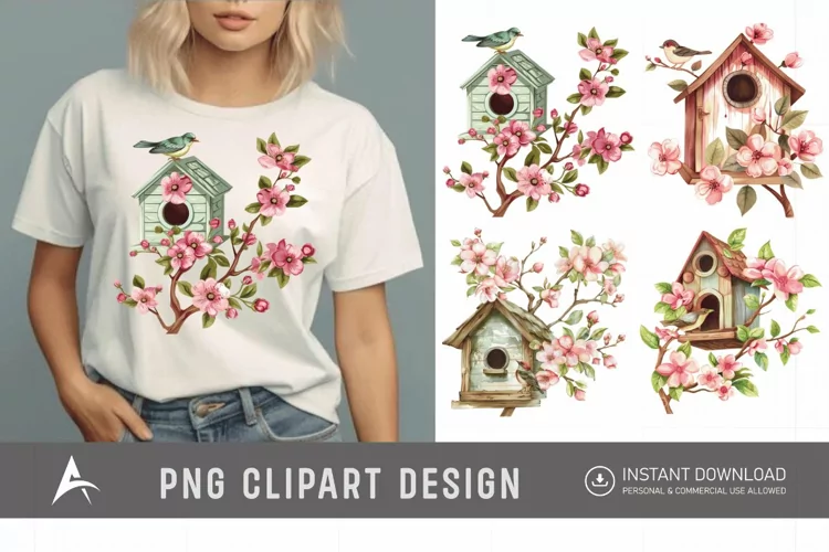 Watercolor Bird House blossoms Clipart