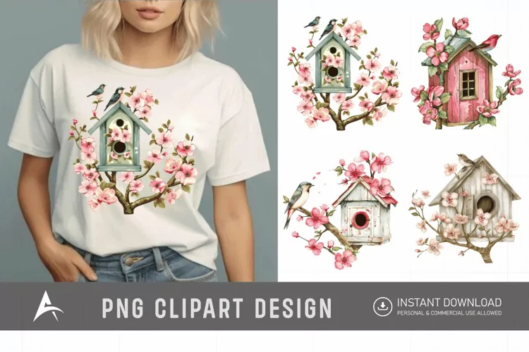 Watercolor Bird House blossoms Clipart