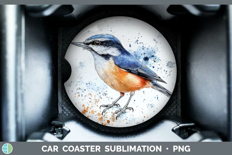 Watercolor Bird Nuthatch Car Coaster Sublimation Designs