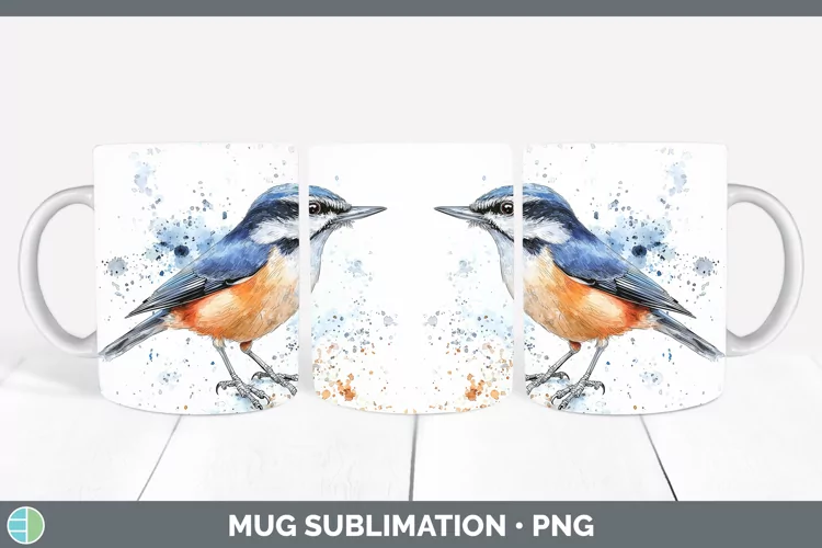 Watercolor Bird Nuthatch Mug Wrap Sublimation Coffee Cup Des