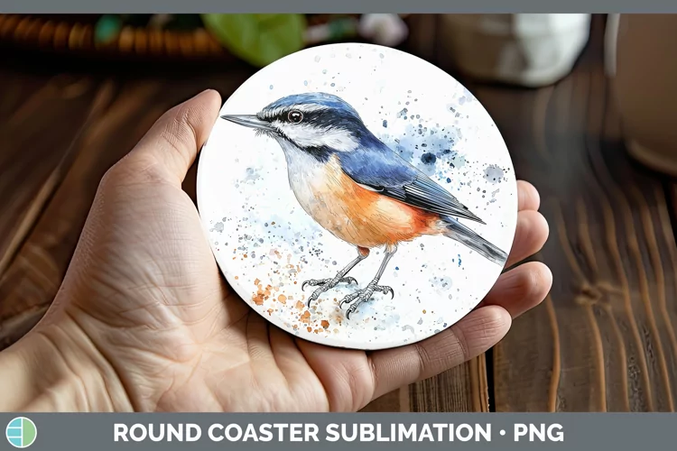 Watercolor Bird Nuthatch Round Coaster Sublimation Coaster D