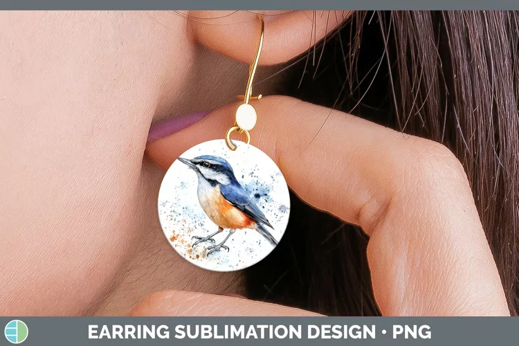 Watercolor Bird Nuthatch Round Earrings Sublimation Earrings
