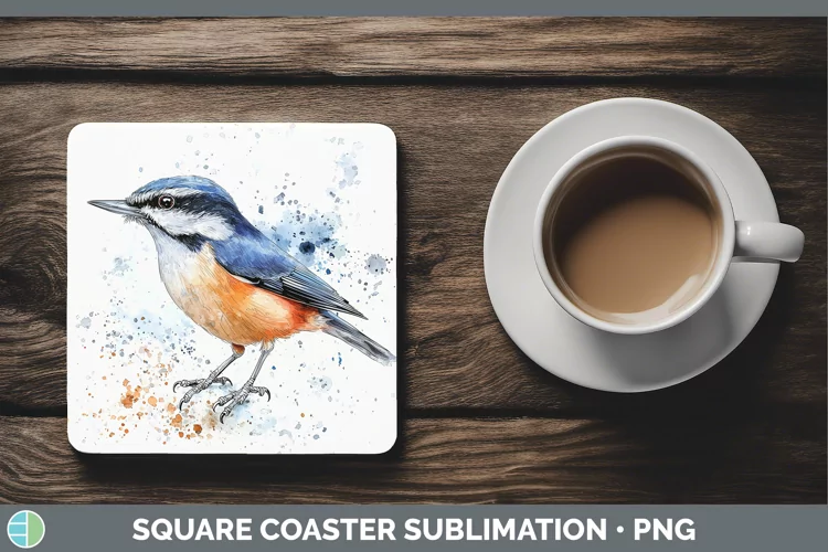 Watercolor Bird Nuthatch Square Coaster Sublimation Coaster