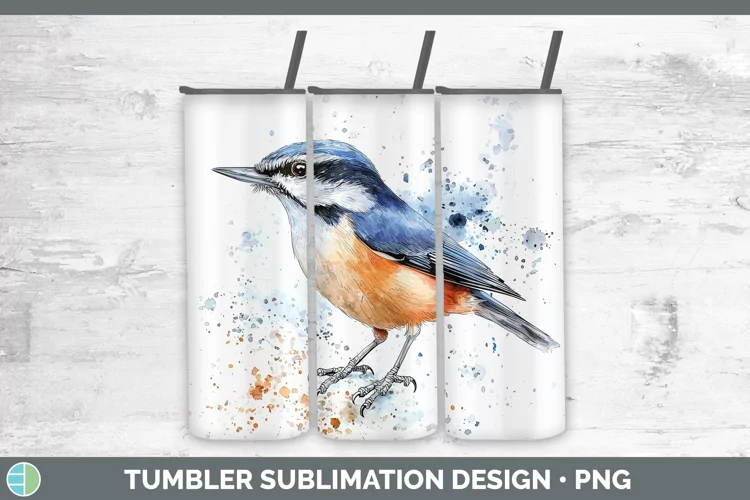Watercolor Bird Nuthatch Tumbler Sublimation 20 oz Skinny Tu