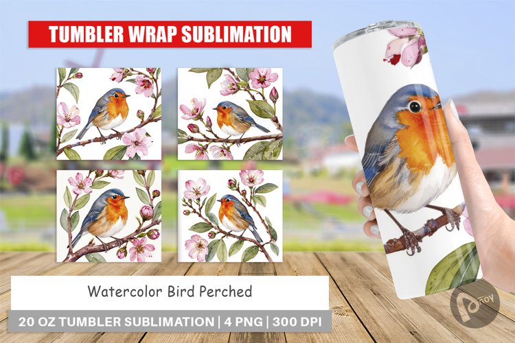 Tumbler Wrap Watercolor Bird Perched