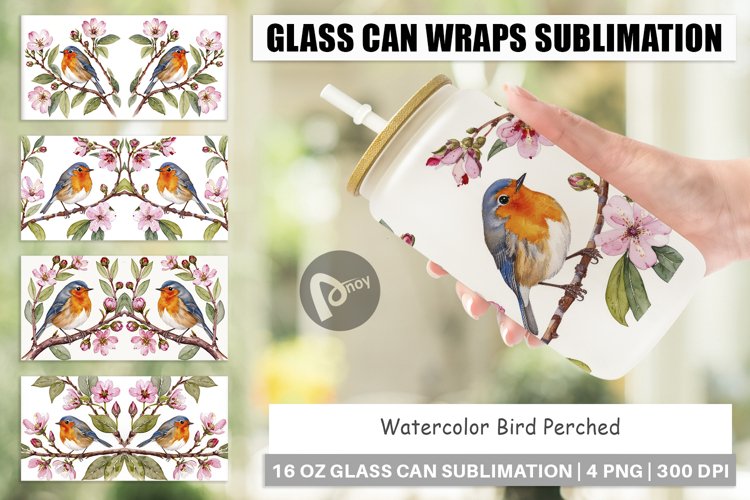 Glass Can Wraps Watercolor Bird Perched