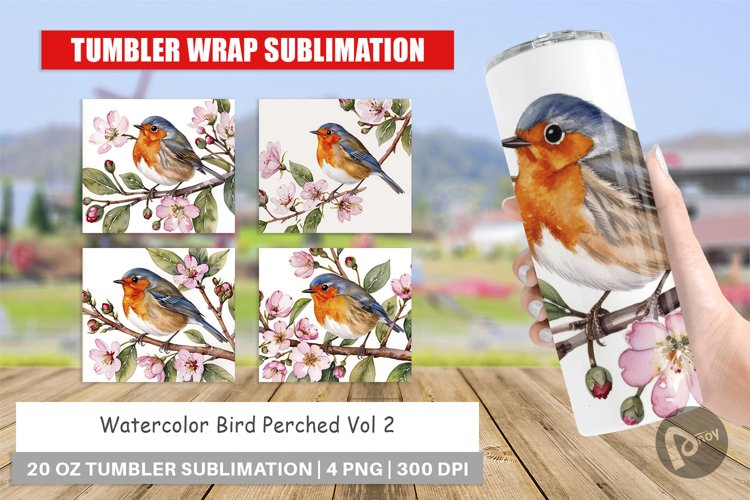 Tumbler Wrap Watercolor Bird Perched
