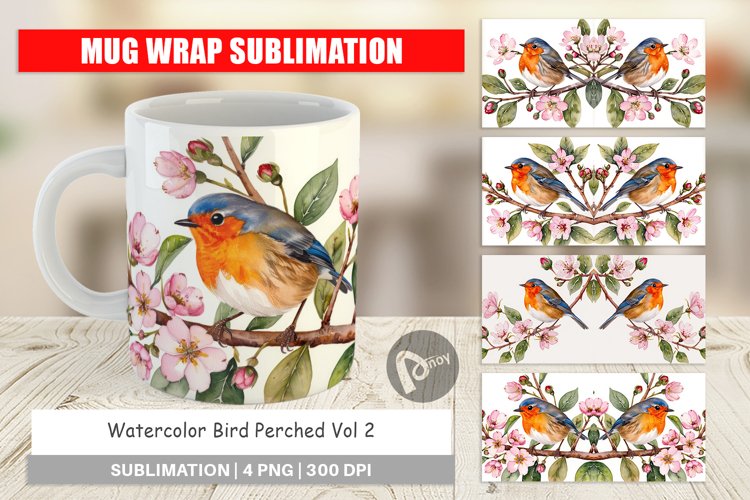 Mug Wrap Design Watercolor Bird Perched