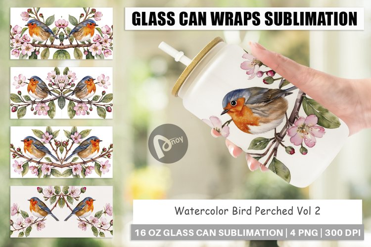 Glass Can Wraps Watercolor Bird Perched