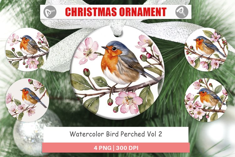 Christmas Ornaments Watercolor Bird Perched