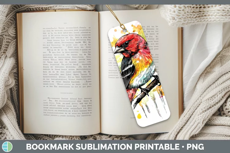 Watercolor Bird Pine Grosbeak Bookmark Sublimation Printable