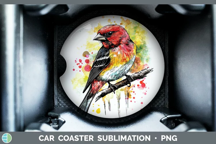 Watercolor Bird Pine Grosbeak Car Coaster Sublimation Desig